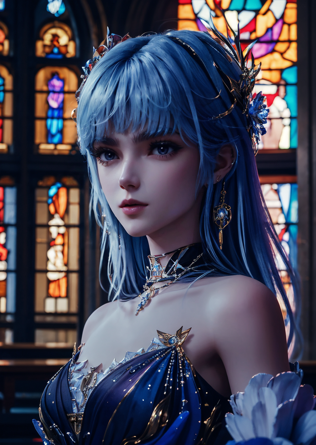 1732215911723-908787421-1girl,solo,blue long hair,purple eyes,makeup,lipstick,closed mouth,earrings,hair ornament,choker,dress,looking at viewer,outdoor.png